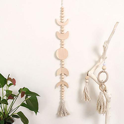 DIYARTS Madera Fase Lunar Decoración de La Pared Colgante Bohemio Arte de La Pared Madera Luna Guirnalda Cuentas Borla Adornos para El Dormitorio Boda Apartamento Decoración de La Pared