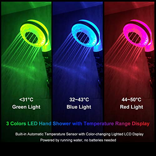 Diyife Alcachofa para Ducha,Cabezal de Ducha LED 3 Colores Cambiantes Temperatura Controlada Alta Presión Rociador Iónico Negativo Doble Filtro Cloro Ahorro de Agua