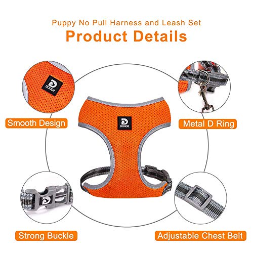 Dociote Arnés para Perros Perros pequeños, Arnés Deportivo para Perros Sin Tirón Ajustable Reflexivo y Transpirable Arnés Perros y Juego de Cables para Caminar, Entrenar Naranja S
