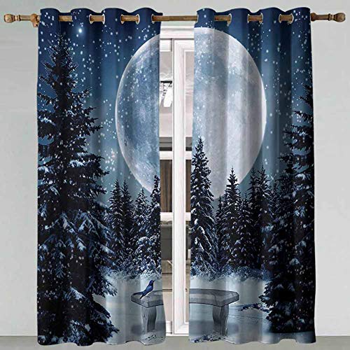 DONEECKL Winter Blackout Curtain Liner Dreamy Winter Night with a Big Full Moon and a Bench in Park Stars in The Darkness 2 Panel Sets W52 x L72 Inch Blue White