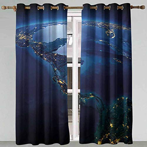 DONEECKL World Heat Insulation Curtain Countries of Central America Earth at Night Costa Rica Nicaragua Pacific Ocean for Living Room or Bedroom W52 x L63 Inch Blue Forest Green