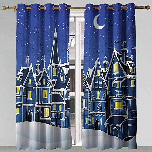 DONEECKL Xmas Nautical Curtain Town in Snow Old Houses Winter Season Moon and Stars Night Christmas Inspired Waterproof Fabric W84 x L96 Inch Blue Yellow White