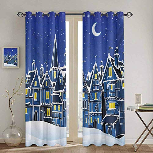 DONEECKL Xmas Nautical Curtain Town in Snow Old Houses Winter Season Moon and Stars Night Christmas Inspired Waterproof Fabric W84 x L96 Inch Blue Yellow White