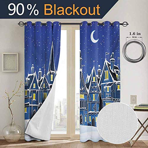 DONEECKL Xmas Nautical Curtain Town in Snow Old Houses Winter Season Moon and Stars Night Christmas Inspired Waterproof Fabric W84 x L96 Inch Blue Yellow White