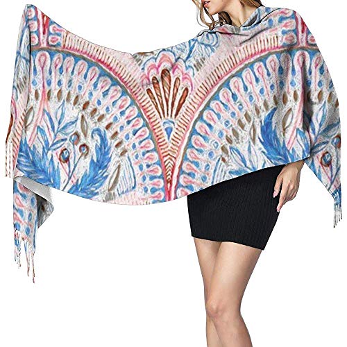 Doodle de escamas de pescado en rojo coral azul cobalto y bufanda de color ámbar Chal súper suave con borla Moda cálida
