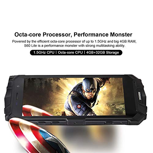 DOOGEE S60 Lite Móviles Todoterreno Resistentes 4G, Android 8.1 Movile Libre Antigolpes IP68 Impermeable 5,2 Pulgada Octa-Core 4GB+32GB, 5580mAh, 16.0MP+8.0M Cámara, Carga Inalámbrica NFC, Negro