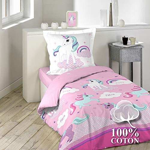 Douceur d'Intérieur Juego con Funda de Almohada (algodón, 140 x 200 cm), Multicolor, diseño de Unicornio