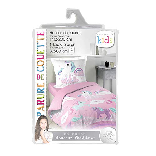 Douceur d'Intérieur Juego con Funda de Almohada (algodón, 140 x 200 cm), Multicolor, diseño de Unicornio