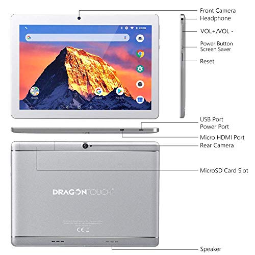 Dragon Touch K10 Tablet 10.1 Pulgadas 1280x800 HD IPS Tablet Android 8.1 con WiFi Bluetooth Procesador Quad-Core RAM de 2GB 16GB de Memoria Interna Doble Cámara Plateado