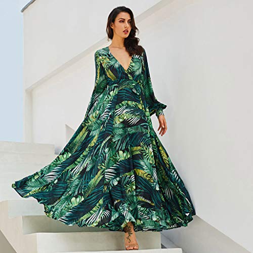Dragon868 Las Mujeres de Gasa de Manga Larga Escote V Cuello Largo Vestido de Fiesta de Playa(Verde,L)