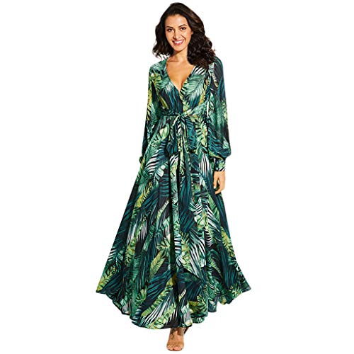 Dragon868 Las Mujeres de Gasa de Manga Larga Escote V Cuello Largo Vestido de Fiesta de Playa(Verde,L)