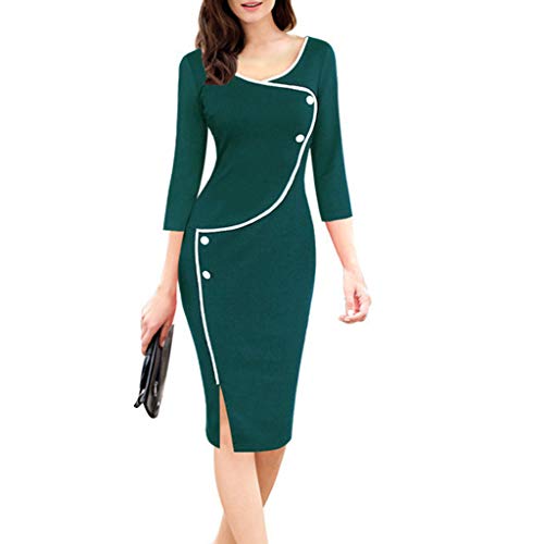 Dragon868 Otoño Primavera Mujeres Casual con Cuello en v Frente Tenedor lápiz Vestido(Verde,M)
