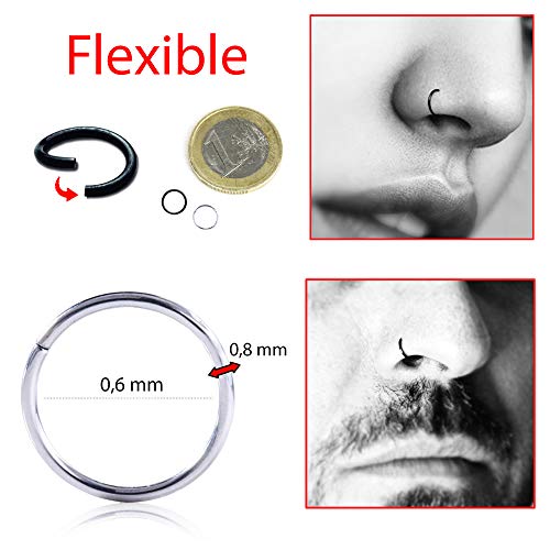 Drawer Props Pack 2 Aros Nariz 6 mm de Acero Quirúrgico Flexible || Piercing Aro Nariz Color Negro y Color Plata || Pendientes Reales para Nariz || Hipoalergénicos || Fabricados en Europa