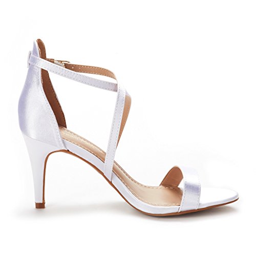 Dream Pairs Dolce Sandalias de Tacón Vestir Moda Punta Abierta Tira Tobillo para Mujer Blanco Satín 39.5 EU/8.5 US