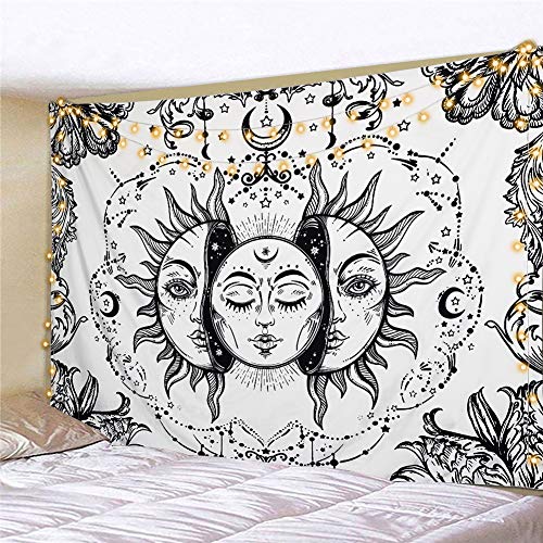 Dremisland Tapiz de Pared Sol y Luna Tapiz Psicodélico Burning Sun Colgar en la Pared Tapiz Blanco y Negro Mandala Indio Mantas de Pared Mural Tela Decoración del Hogar (Blanco, M/130X150cm)