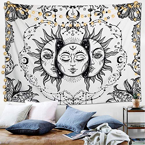 Dremisland Tapiz de Pared Sol y Luna Tapiz Psicodélico Burning Sun Colgar en la Pared Tapiz Blanco y Negro Mandala Indio Mantas de Pared Mural Tela Decoración del Hogar (Blanco, M/130X150cm)