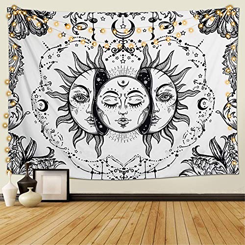 Dremisland Tapiz de Pared Sol y Luna Tapiz Psicodélico Burning Sun Colgar en la Pared Tapiz Blanco y Negro Mandala Indio Mantas de Pared Mural Tela Decoración del Hogar (Blanco, M/130X150cm)