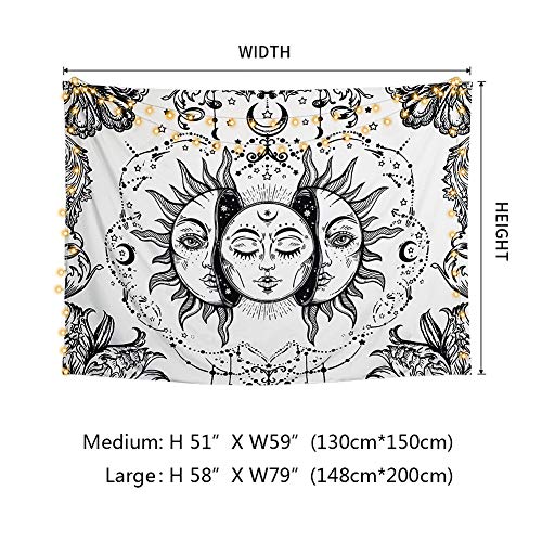Dremisland Tapiz de Pared Sol y Luna Tapiz Psicodélico Burning Sun Colgar en la Pared Tapiz Blanco y Negro Mandala Indio Mantas de Pared Mural Tela Decoración del Hogar (Blanco, M/130X150cm)