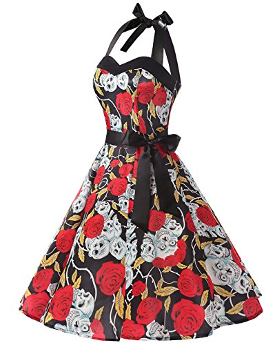 Dresstells® Halter 50s Rockabilly Polka Dots Audrey Dress Cosplay Halloween Dress Black Skull S