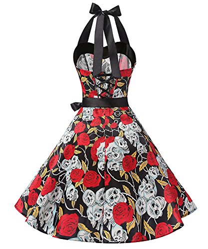 Dresstells® Halter 50s Rockabilly Polka Dots Audrey Dress Cosplay Halloween Dress Black Skull S