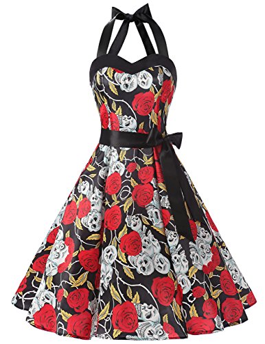 Dresstells® Halter 50s Rockabilly Polka Dots Audrey Dress Cosplay Halloween Dress Black Skull S
