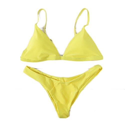 DressUWomen Profundo - v cuello color puro de la voga 2 pieza de pestaña conjuntos de bikini de manera atractivo para Mujers Amarillo Pequeño