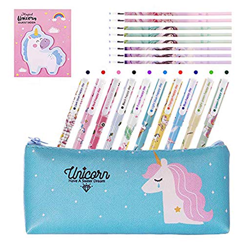 Dsaren 20 Piezas Set de Papelería Bolígrafos de Flamencos Unicornio Estuche Lápiz Notas Autoadhesivas Bonitas y Recargas, Regalo de Cumpleaños para Niñas Niños Suministros Escolares (Verde claro)