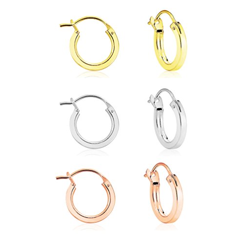 DTPsilver - 3 Pares de Pendientes de Aro en Plata de Ley, Chapado en Oro Amarillo y Rosa - Criollas Planas/Cuadradas Pequeñas - Espesor 2 mm - Diámetro 14 mm