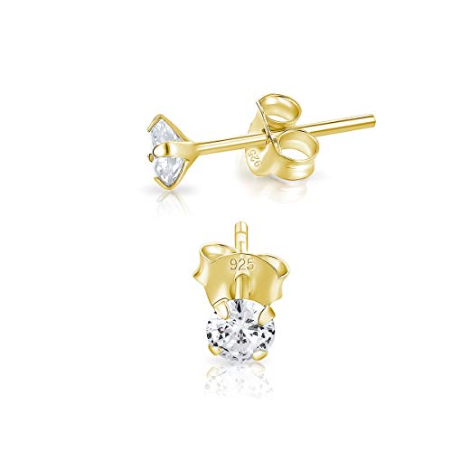 DTPsilver - Semental Pendientes/Aretes de Plata de Ley 925 Plateado en Oro Amarillo con Circonitas Cúbicas - TAMAÑO: Pequeños Redondos - Diámetro: 4 mm - Clara/blanca CZ