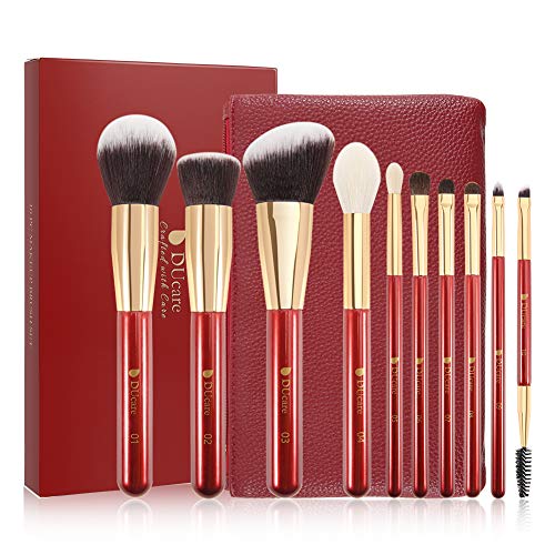 DUcare 10 PC Brochas Maquillaje Set Profesional + Bolso Rojo Sintético Set Brochas maquillaje Pinceles Maquillaje Profesional Makeup Brushes