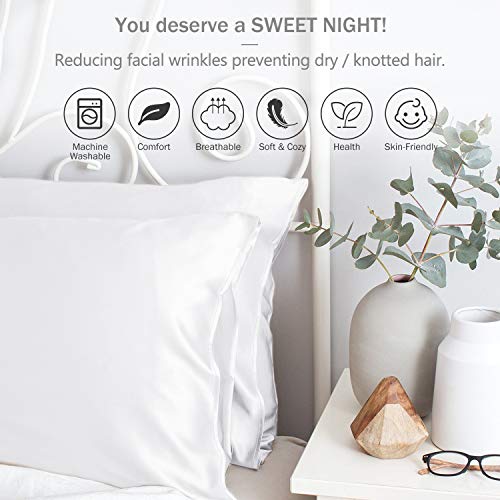Duerer Fundas de Almohada satén Sedoso estándar para 2 Piezas, con Cierre de sobre, Muy Liso Suave de 100% Microfibra, Belleza Facial, Cuidado de la Cara, hipoalergénico - 50x91cm, Blanco