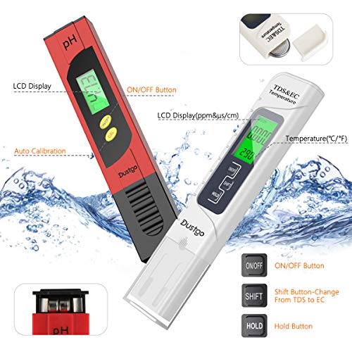 Dustgo Medidor pH Medidor de PH con Medidor TDS EC Temperatura 4 en 1 Digital,Medidor de Prueba de Calidad del Agua 0-14 pH Medida de 0-14 pH, 0-19990ppm Calibración Automática, set of 2
