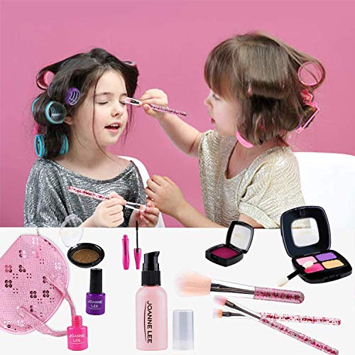 DWcouple Kit de Maquillaje Niñas, 18 PCS Set de Maquillaje con Bolso de Cosméticos,Lápiz Labial,Cepillo, Sombras de Ojos,Pegatina, Corona,Regalos de Juguete para Cumpleaños Navidad