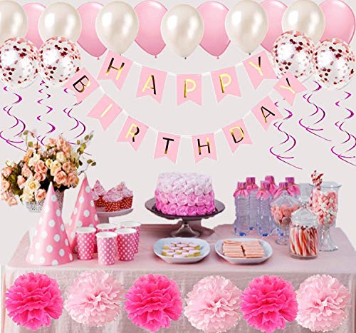 DY_Jin Set de decoración de cumpleaños, Banner de Feliz cumpleaños, artículos para Fiestas de cumpleaños-Pink Blanco y Dorado(Pink)