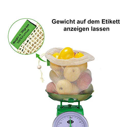 E-Know Bolsas Reutilizables,Juego de 11 Bolsas de algodón, Bolsas Biodegradables Natural Malla Algodón Fácil de Limpiar, Zero de Waste,Ecologicos (3 S, 4 M, 3 L, 1 Bolsa)