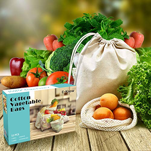 E-Know Bolsas Reutilizables,Juego de 11 Bolsas de algodón, Bolsas Biodegradables Natural Malla Algodón Fácil de Limpiar, Zero de Waste,Ecologicos (3 S, 4 M, 3 L, 1 Bolsa)