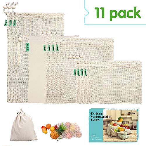 E-Know Bolsas Reutilizables,Juego de 11 Bolsas de algodón, Bolsas Biodegradables Natural Malla Algodón Fácil de Limpiar, Zero de Waste,Ecologicos (3 S, 4 M, 3 L, 1 Bolsa)
