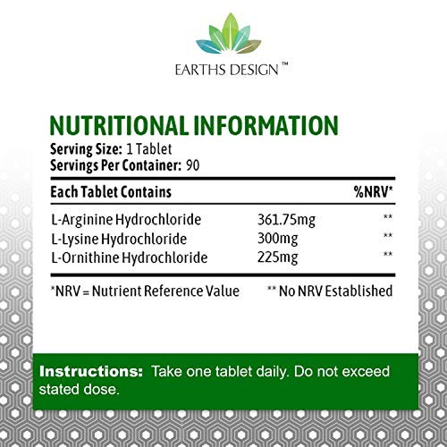 Earths Design - Complejo de L-Arginina/L- Ornitina/L-Lisina – Suplemento de Aminoácidos Esenciales – Refuerzo de Óxido Nítrico - 90 Pastillas