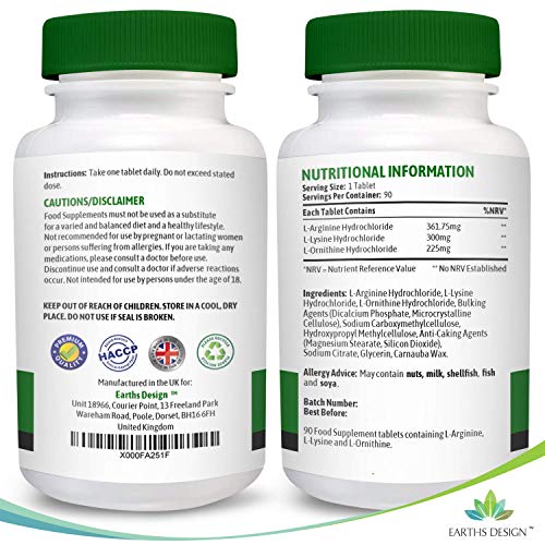 Earths Design - Complejo de L-Arginina/L- Ornitina/L-Lisina – Suplemento de Aminoácidos Esenciales – Refuerzo de Óxido Nítrico - 90 Pastillas