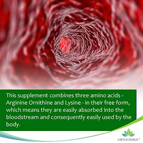Earths Design - Complejo de L-Arginina/L- Ornitina/L-Lisina – Suplemento de Aminoácidos Esenciales – Refuerzo de Óxido Nítrico - 90 Pastillas