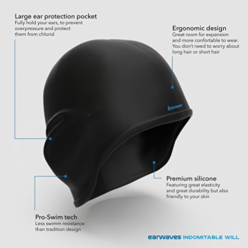 Earwaves ® H2O - Gorro de natación ergonómico con cavidad para Orejas. Gorro de Piscina para Hombre y Mujer Hecho de Silicona Ideal para Pelo Largo y Corto. Incluye Tapones y Clip Nasal