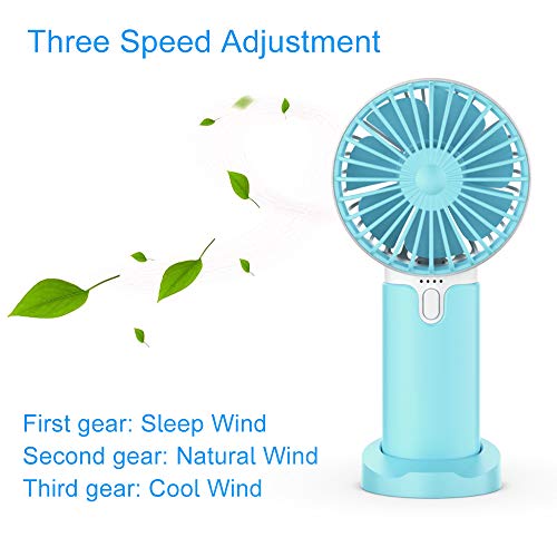 EasyULT Mini Ventilador de Mano USB, con 5200mAh Batería, Recargable USB Ventilador Portátil, 3 Velocidades Ajustable y Base Escritorio para al Hogar, Oficina, Viajes, Picnic-Azul