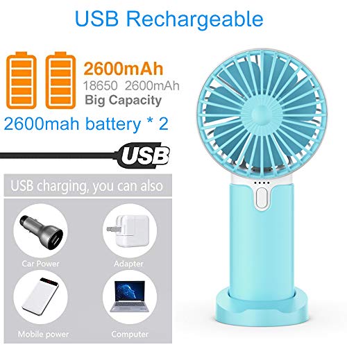 EasyULT Mini Ventilador de Mano USB, con 5200mAh Batería, Recargable USB Ventilador Portátil, 3 Velocidades Ajustable y Base Escritorio para al Hogar, Oficina, Viajes, Picnic-Azul