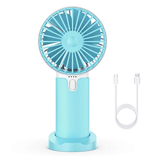 EasyULT Mini Ventilador de Mano USB, con 5200mAh Batería, Recargable USB Ventilador Portátil, 3 Velocidades Ajustable y Base Escritorio para al Hogar, Oficina, Viajes, Picnic-Azul