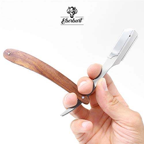Eberbart Navaja Afeitar Barbero - Cuchilla de afeitar de acero inoxidable con cuchillas intercambiables y elegante mango de madera de palo rosa para un afeitado rápido y profesional