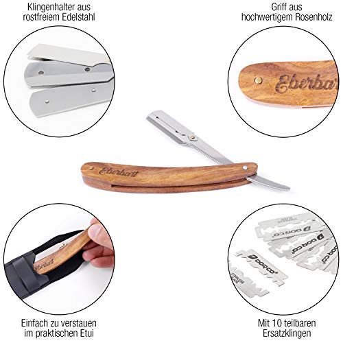 Eberbart Navaja Afeitar Barbero - Cuchilla de afeitar de acero inoxidable con cuchillas intercambiables y elegante mango de madera de palo rosa para un afeitado rápido y profesional