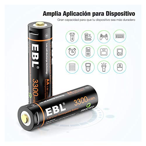 EBL Pilas Recargables AA 3300mWh Alta Capacidad con Cable Micro USB, Pilas AA Precarga y Baja Autodescarga