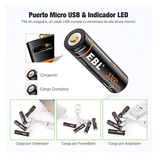 EBL Pilas Recargables AA 3300mWh Alta Capacidad con Cable Micro USB, Pilas AA Precarga y Baja Autodescarga
