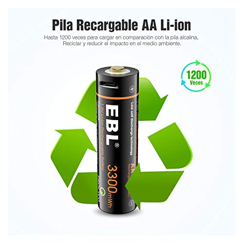 EBL Pilas Recargables AA 3300mWh Alta Capacidad con Cable Micro USB, Pilas AA Precarga y Baja Autodescarga