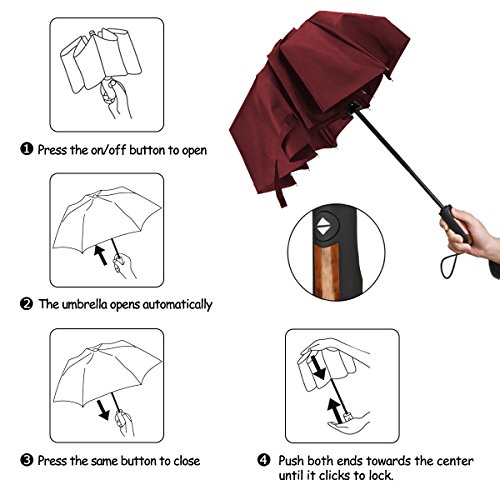 Echoice Paraguas Plegable Hombre Automático Antiviento, Paraguas Negro Compacto Resistente al Viento, Paraguas de Viaje (Rojo)